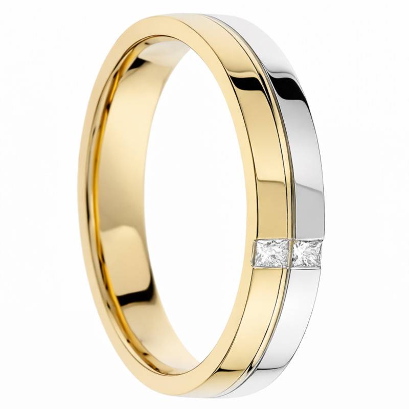 Alliance Ruban Polie en 2 ors Jaune et Blanc 375 & Diamants de Synthèse 0,06 ct, Largeur 4mm - Amore
