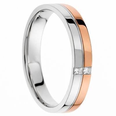 Alliance Ruban Polie en 2 ors Rose et Blanc 375 & Diamants de Synthèse 0,06 ct, Largeur 4mm - Amore