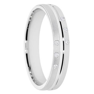 Alliance Concave Brossée en Or blanc 375 & Diamants de Synthèse 0,03 ct, Largeur 4 et 5 mm - Amore