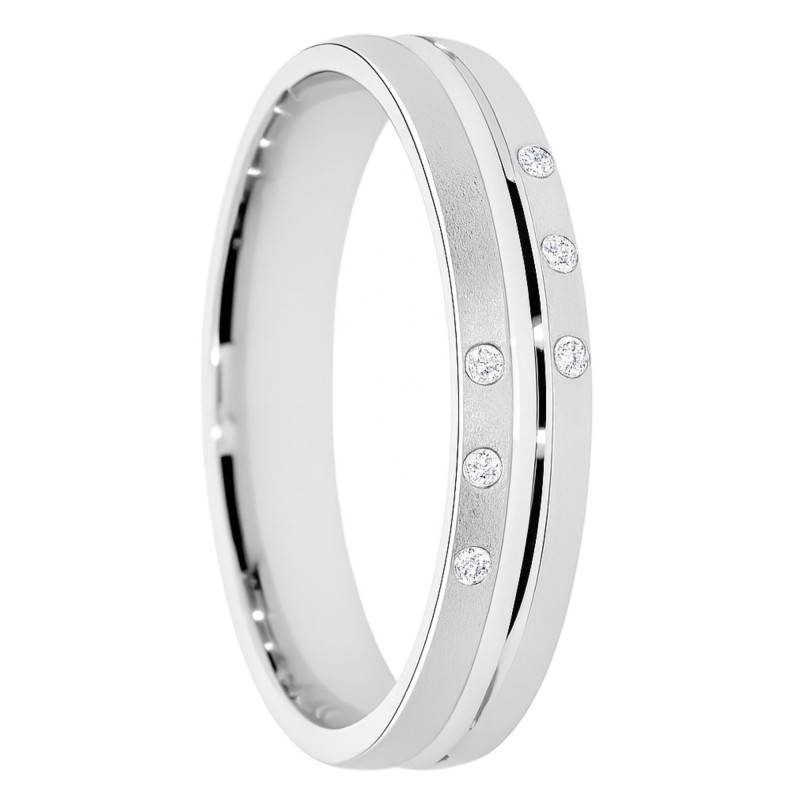 Alliance Concave Brossée en Or blanc 375 & Diamants de Synthèse 0,03 ct, Largeur 4 et 5 mm - Amore