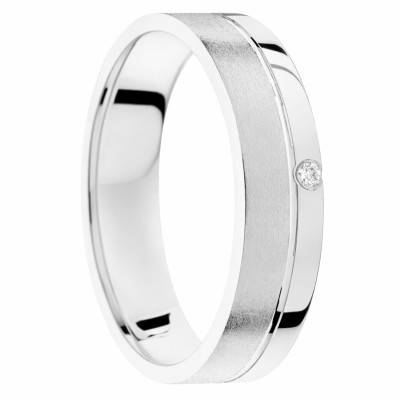 Alliance Demi-Bombée Brossée & Brillante, en Or Blanc 375 & Diamant 0,01 ct, Largeur 5mm - Amore