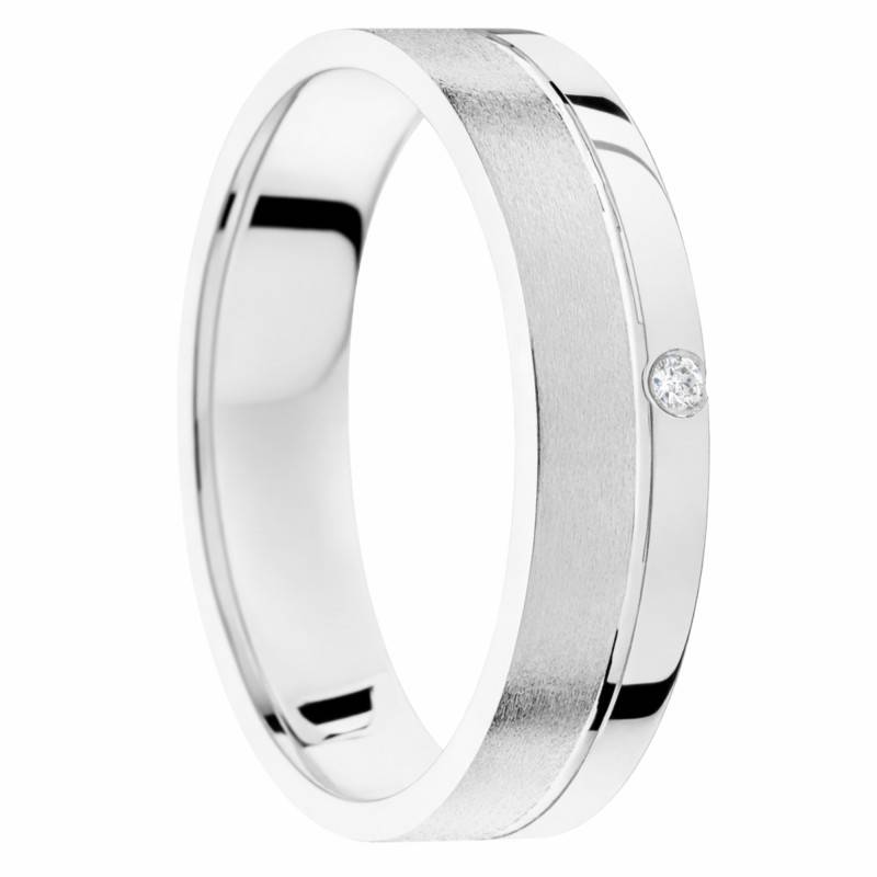 Alliance Demi-Bombée Brossée & Brillante, en Or Blanc 375 & Diamant 0,01 ct, Largeur 5mm - Amore
