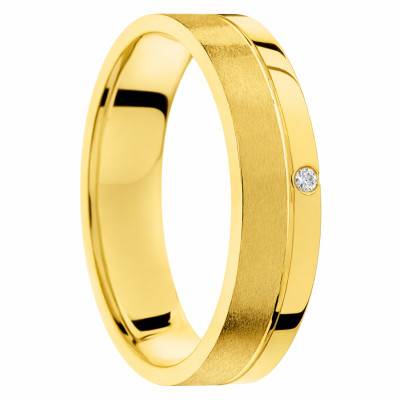 Alliance Demi-Bombée Brossée & Brillante, en Or Jaune 375 & Diamant 0,01 ct, Largeur 5mm - Amore