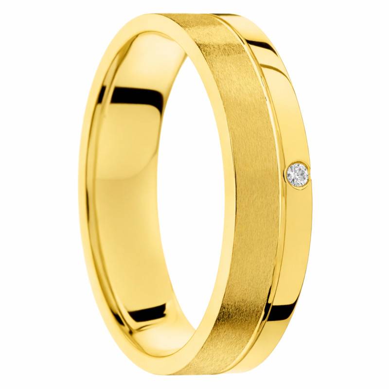 Alliance Demi-Bombée Brossée & Brillante, en Or Jaune 375 & Diamant 0,01 ct, Largeur 5mm - Amore