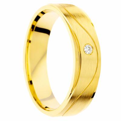 Alliance Demi-Bombée Brossée Rainurée en Or Jaune 375 & Diamant 0,02 ct, Largeur 5mm - Amore