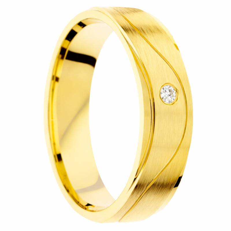 Alliance Demi-Bombée Brossée Rainurée en Or Jaune 375 & Diamant 0,02 ct, Largeur 5mm - Amore