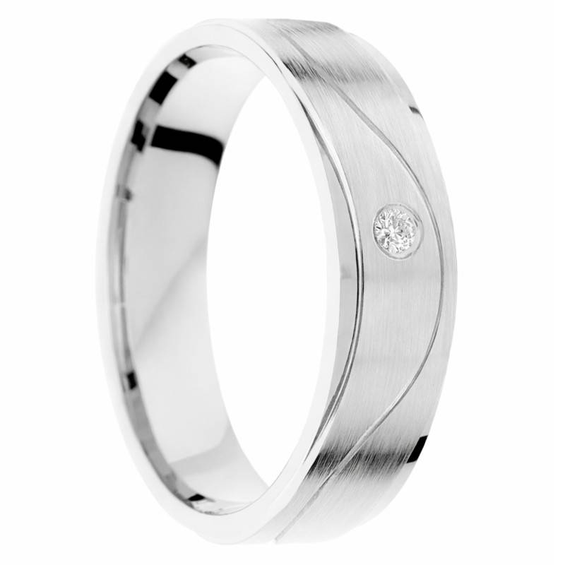 Alliance Demi-Bombée Brossée Rainurée en Or Blanc 375 & Diamant 0,02 ct, Largeur 5mm - Amore