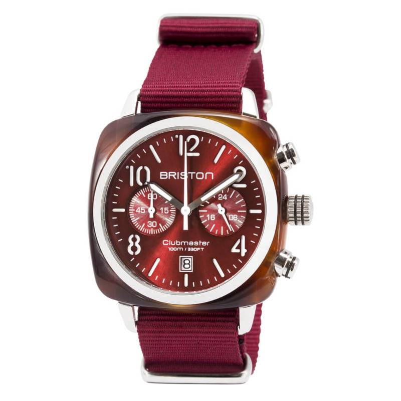 Briston Clubmaster Chrono Date Tortoiseshell Acetate Red Dial Burgundy Watch - Briston