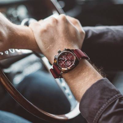 Briston Clubmaster Chrono Date Tortoiseshell Acetate Red Dial Burgundy Watch - Briston