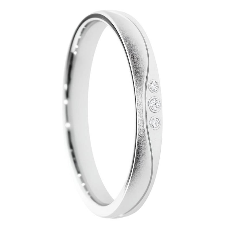 Alliance Demi-Bombée Sablée en Or Blanc 375 & Diamants 0,018 ct, Largeur 3 à 5 mm - Amore