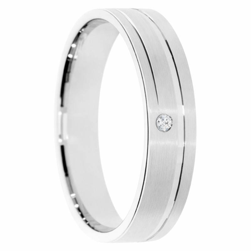 Alliance Ruban Mate Brossée en Or Blanc 375 & Diamant 0,008 ct, Largeur 4 ou 5 mm - Amore