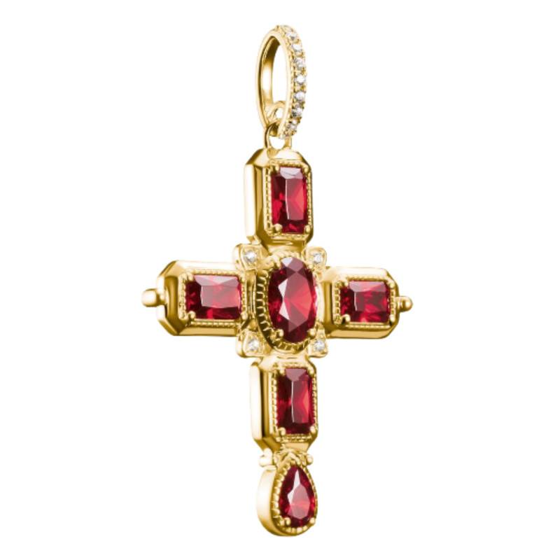 750/1000 Yellow Gold Plated & Garnet Red Zirconium Oxide Elyndra Cross Pendant - PE987-414-10 - Thomas Sabo