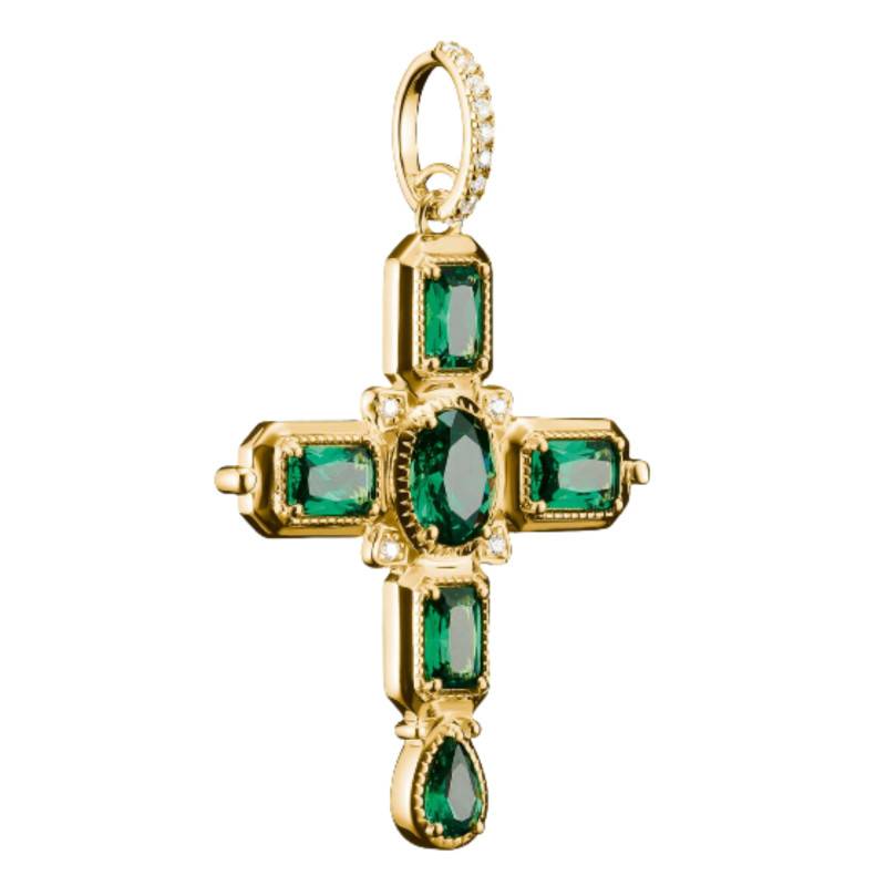 Elyndra Cross Pendant, 750/1000 Yellow Gold-Plated & White and Green Stones - PE987-971-6 - Thomas Sabo