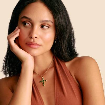 Elyndra Cross Pendant, 750/1000 Yellow Gold-Plated & White and Green Stones - PE987-971-6 - Thomas Sabo