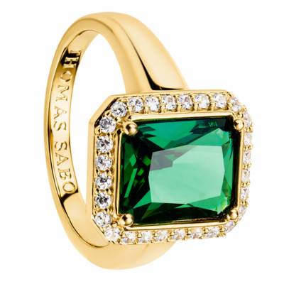 Elyndra Octagon 750/1000 Yellow Gold-Plated Ring, Zirconia & Green Stone - TR2508-971-6 - Thomas Sabo
