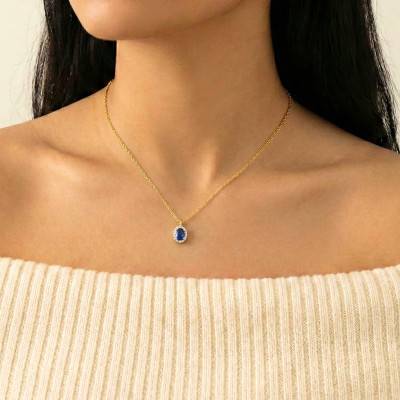 Divina Oval Yellow Gold Necklace with Sapphire & Diamond Halo 0,07 ct, Length 40 cm to 42 cm - Diamond Lady