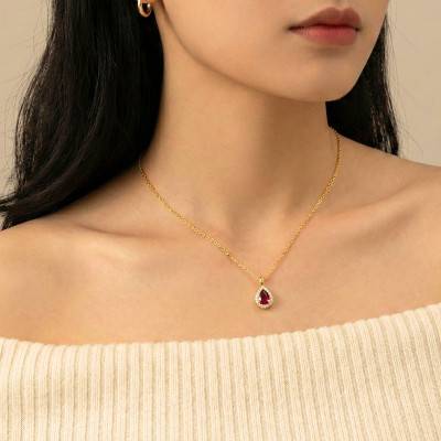 Yellow Gold Drop Necklace with Ruby & Diamond Halo, Length 42 cm - Diamond Lady
