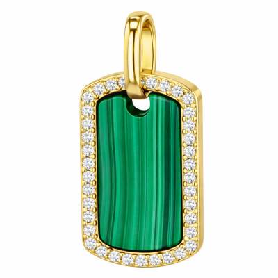 Pendentif Dog Tag en Argent 925 Doré & Oxydes de Zirconium et Malachite - Aurora