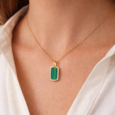 Pendentif Dog Tag en Argent 925 Doré & Oxydes de Zirconium et Malachite - Aurora