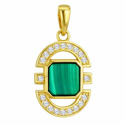 Pendentif Ovale Art Déco & Argent 925 Doré, Malachite et Oxydes de Zirconium - Aurora
