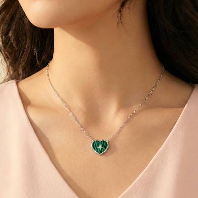 925 Silver & Malachite Heart and Cross Necklace, Length 41 cm to 46 cm - Aurora