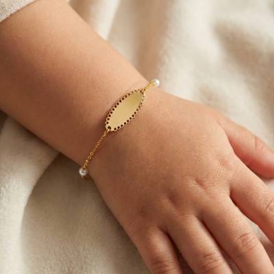 Lace & Pearl Baby ID Bracelet in 375/1000 Yellow Gold, Adjustable Length 14 cm - Bambins