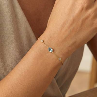 375/1000 Yellow Gold, Blue Topaz & Cubic Zirconia Bracelet, Length 16.5 cm to 18 cm, Width 0.80 mm - Aurora