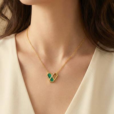 925 Gilded Silver, Cubic Zirconia & Malachite Hexagon Necklace, Length 42 cm to 45 cm - Aurora