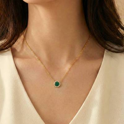 Gold-Plated 925 Silver, Cubic Zirconia & Malachite Round Necklace, Length 42 cm to 45 cm - Aurora