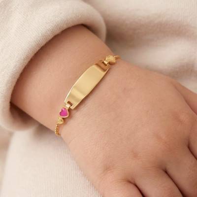 Gourmette Rectangulaire Trois Coeurs en Or Jaune 375 - Longueur 14 cm Ajustable - Bambins