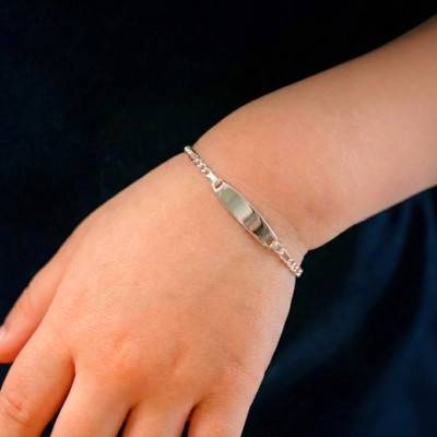925 Silver Oval Baby ID Bracelet with Figaro Chain, 13 to 15 cm, 2 mm Wide - Bambins