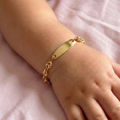 Yellow Gold 375 Oval Baby ID Bracelet Coffee Bean Chain - Adjustable Length 14 cm - Bambins