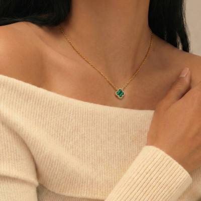 Collier Trèfle en Argent 925 Doré & Oxydes de Zirconium et Malachite, Longueur de 42 cm à 45 cm - Aurora