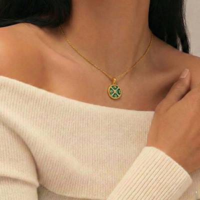 Pendentif Boussole en Argent 925 Doré & Oxydes de Zirconium et Malachite - Aurora