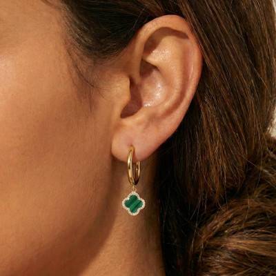 Boucles d'Oreilles Mini Créoles Trèfle en Argent 925 Doré & Oxydes de Zirconium Blancs et Malachite - Aurora