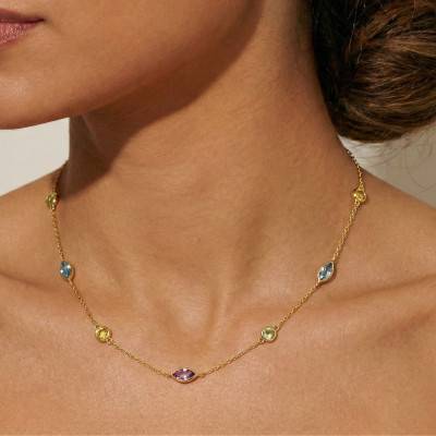 375/1000 Yellow Gold & Colored Stones Necklace, Length 40 cm to 42 cm - Aurora