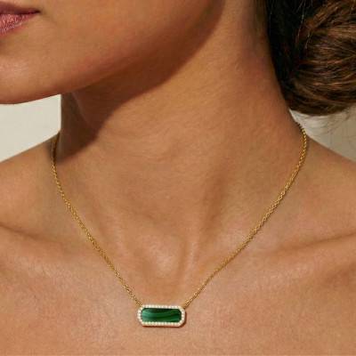 Collier Octogonal en Argent 925 Doré & Oxydes de Zirconium et Malachite, Longueur de 42 cm à 45 cm - Aurora