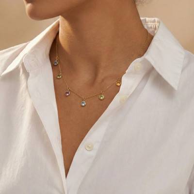 375/1000 Yellow Gold & Round Colored Stone Dangle Necklace, Length 40 cm to 42 cm - Aurora