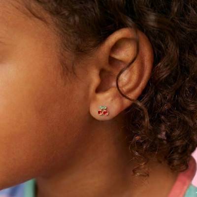 Yellow Gold Enamel Cherry Stud Earrings - Bambins