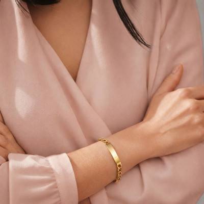750 Yellow Gold Alternating Oval Link Chain ID Bracelet, 23 cm Length - Emanessence