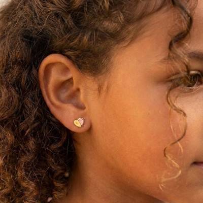 Boucles d'Oreilles Coeur Rose en Or Jaune & Email - Bambins