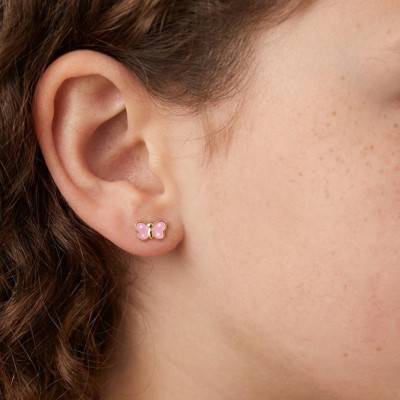 Boucles d'Oreilles Papillons Rose en Or Jaune & Email - Bambins