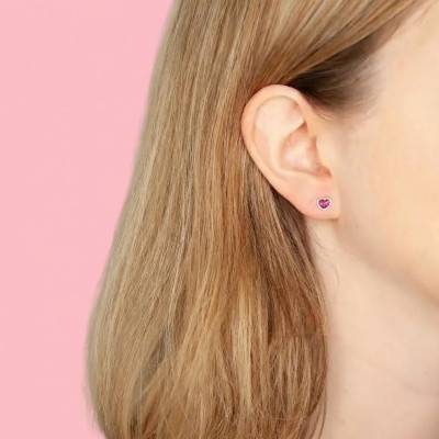 Violet Glitter Heart Stud Earrings in 375 Yellow Gold - Bambins