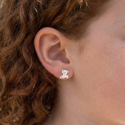 375/1000 White Gold Teddy Bear Stud Earrings - Bambins