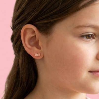 Yellow Gold, Zirconia & Pink Enamel Butterfly Stud Earrings - Bambins