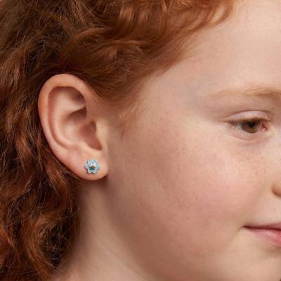 Boucles d'Oreilles Fleur en Or Jaune & Bleue Email - Bambins