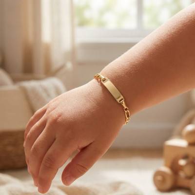 375 Yellow Gold Triple Alternating Oval Link Chain Baby ID Bracelet, Adjustable Length 14 cm, Width 2 mm - Bambins
