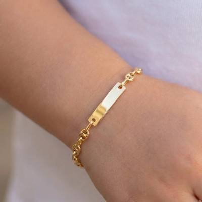 Yellow Gold 375 Rectangular Baby ID Bracelet Coffee Bean Chain, Length 14 cm, Width 3 mm - Bambins