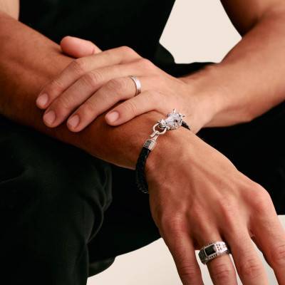 Leather, 925/1000 Silver & Onyx Horse Head Bracelet, Length 19 cm - A2224-982-11 - Thomas Sabo