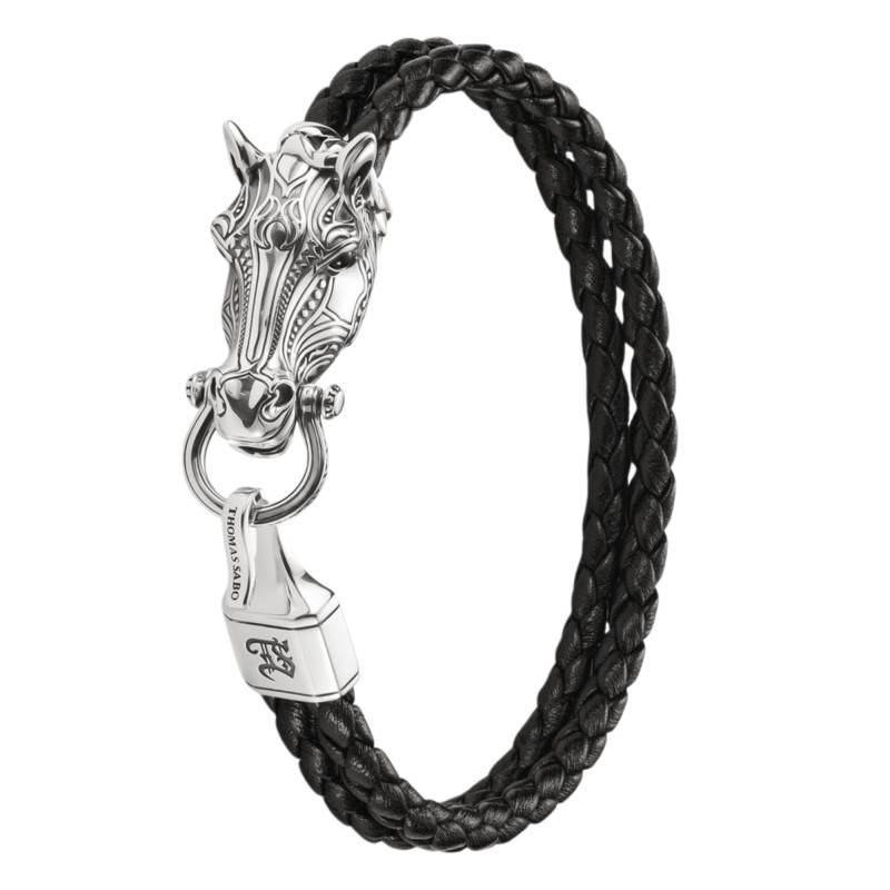 Leather, 925/1000 Silver & Onyx Horse Head Bracelet, Length 19 cm - A2224-982-11 - Thomas Sabo